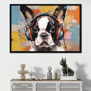 Boston Terrier Listening Music with Headphone - NicheCanvas