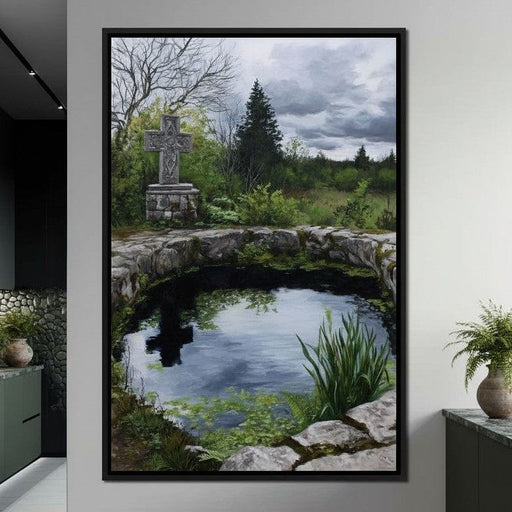 Celtic Cross Garden Pond Sky Canvas Print