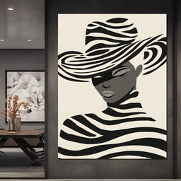 Monochrome Zebra Hat Lady - NicheCanvas