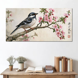 Small Bird Perched Upon Pink Petals - NicheCanvas