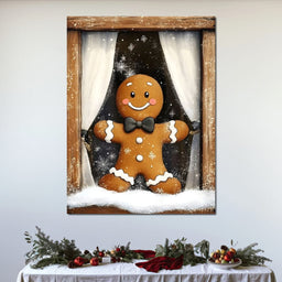 Gingerbread Joy At Snowy Window - NicheCanvas