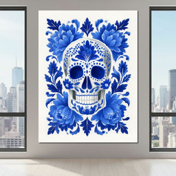 Blue Floral Sugar Skull Folkstyle - NicheCanvas
