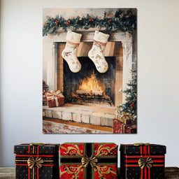 Christmas Gift Socks by the Fireplace - NicheCanvas
