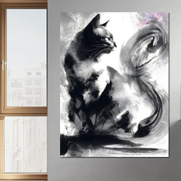 Sumi Ink Cat Reflecting Shadow - NicheCanvas