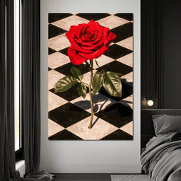 Red Rose on Checkerboard - NicheCanvas