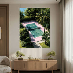 Palm Court Tennis Retreat Scene - NicheCanvas