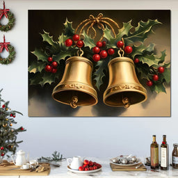 Golden Christmas Bells and Holly - NicheCanvas
