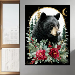 Moonlit Floral Gold Black Bear - NicheCanvas