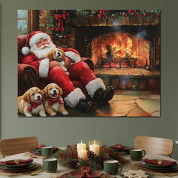 Santa Fireside Nap with Puppies - NicheCanvas