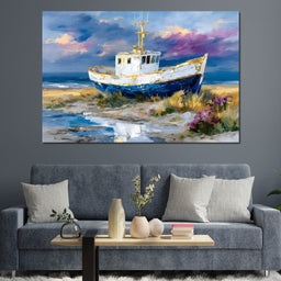 Coastal Boat Under Violet Sky - NicheCanvas