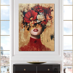 Gilded Red Floral Crown Portrait - NicheCanvas