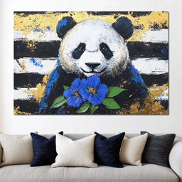 Golden Panda with Indigo Blooms - Alicia Smith - NicheCanvas