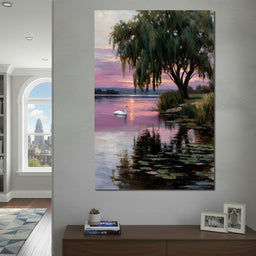 Swan Lake Sunset Willow Tree - NicheCanvas