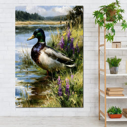 Solitary Mallard By The Still Shore - NicheCanvas
