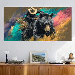 Cowboy Riding Wild Bear - NicheCanvas