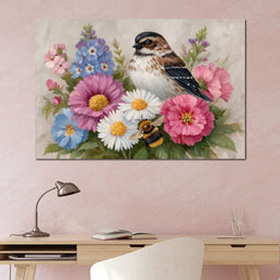 Garden Sparrow and Bumblebee - NicheCanvas