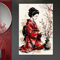 Japanese Woman with Cherry Blossoms - NicheCanvas