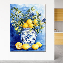 Lemon Bouquet in Porcelain Vase - Wildrose Creations - NicheCanvas