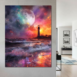 Celestial Lighthouse Tempest Waves - NicheCanvas