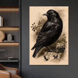 Solitary Starling Perched Upon Hawthorn Branch - NicheCanvas