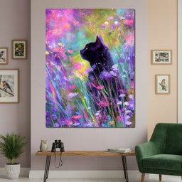 Midnight Feline Among Wildflowers - NicheCanvas