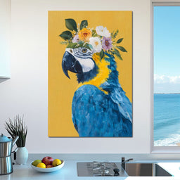 Floral Crown Blue Macaw Portrait - NicheCanvas