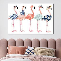 Four Stylish Flamingos on Summer Vacation - NicheCanvas