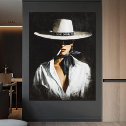 Noir Cowgirl Smoking Portrait - NicheCanvas
