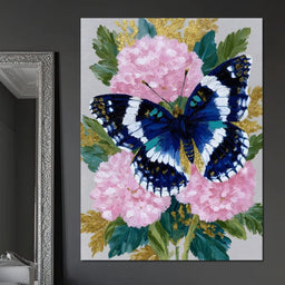 Blue Monarch on Pink Blossoms - NicheCanvas