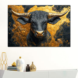 Majestic Bull Amid Gold Swirls - NicheCanvas