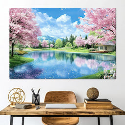 Cherry Blossom Lakeside Harmony - NicheCanvas
