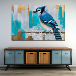 Blue Jay on Golden Birch - NicheCanvas