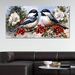 Two Chickadees Upon The Holly Branch - NicheCanvas
