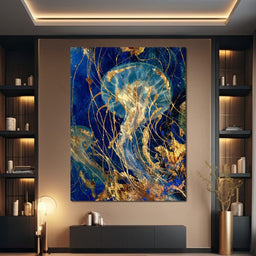 Golden Jellyfish Deep Blue Sea - NicheCanvas
