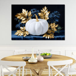 White Pumpkin And Golden Leaves - NicheCanvas
