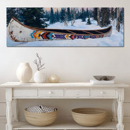 Painted Canoe Among Winter Pines - NicheCanvas