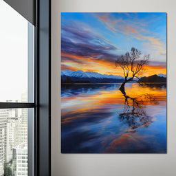 Lone Willow Sunset Reflection - NicheCanvas