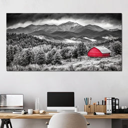 Red Barn in Monochrome Vista - NicheCanvas