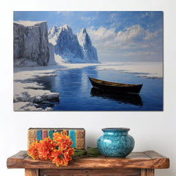 Silent Boat on Frozen Fjord - NicheCanvas