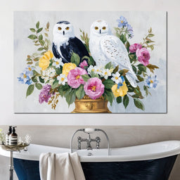 Snowy Owls Floral - NicheCanvas