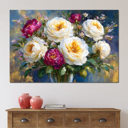 Golden Peonies on Blue Background - NicheCanvas