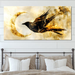 Golden Flight Under Crescent Moon - NicheCanvas