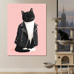Biker Cat Attitude On Soft Pink - NicheCanvas