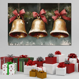 Snow Kissed Golden Holiday Bells - NicheCanvas