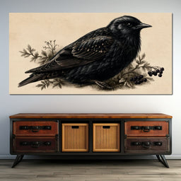 Solitary Starling Perched Upon Wild Berries - NicheCanvas