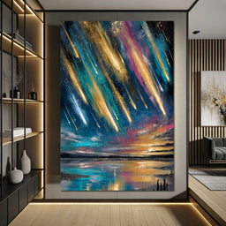 Golden Meteors Over Silent Lake - NicheCanvas