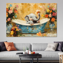 Elephant Joy in Floral Bath - NicheCanvas