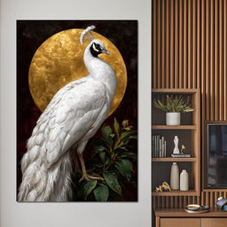 Golden Halo White Peacock Pose - NicheCanvas