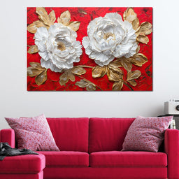 Golden Petals on Ruby Waves - NicheCanvas