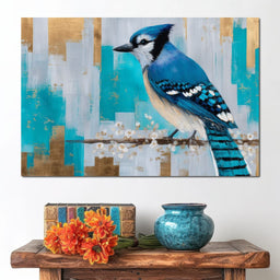 Blue Jay on Golden Birch - NicheCanvas